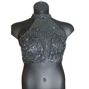Primavera Women's Black Sleeveless Sequin Beaded Halter Cropped Top Size 0